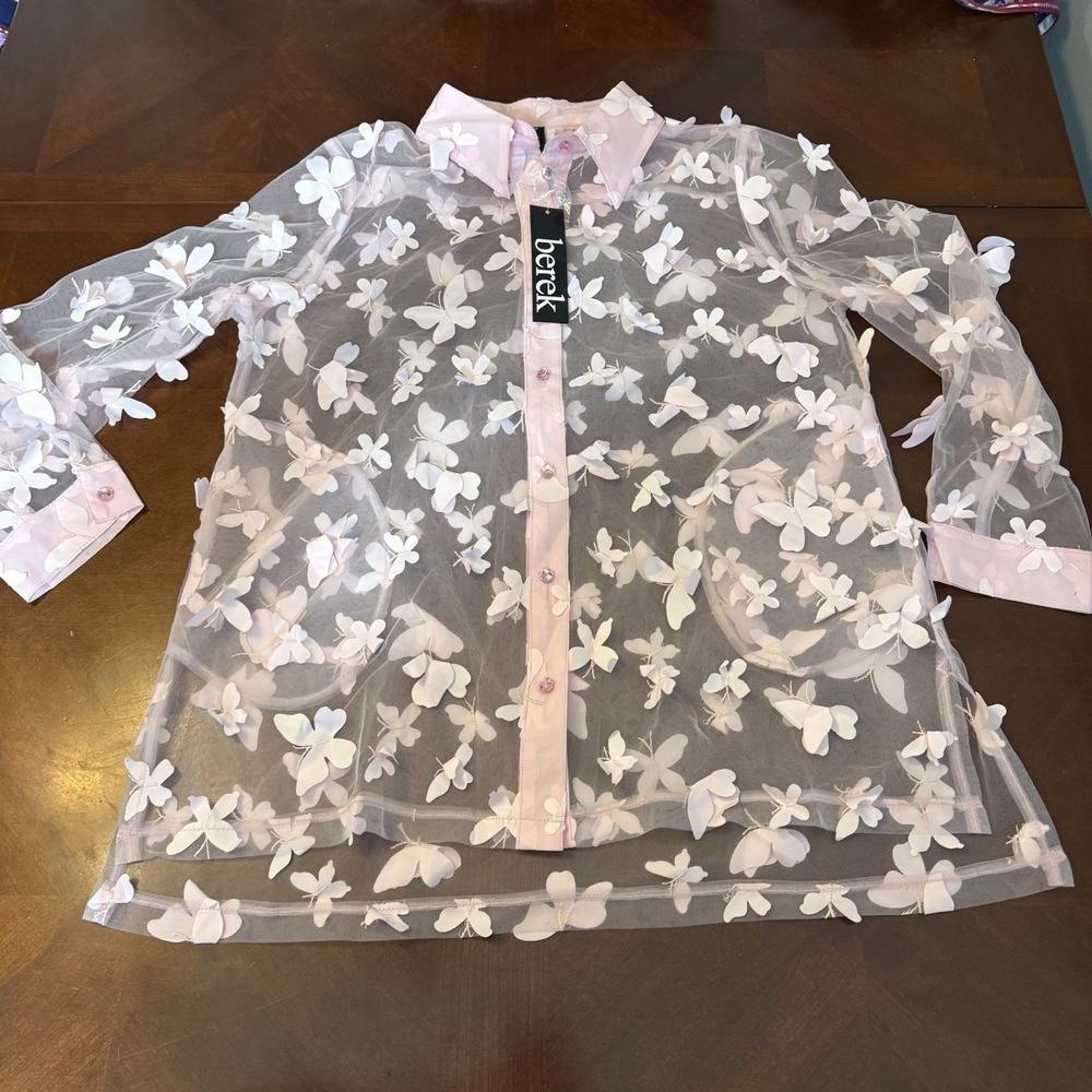 Berek Pink Butterfly Mesh Blouse 3D Applique Sheer Romantic Fairycore Top S